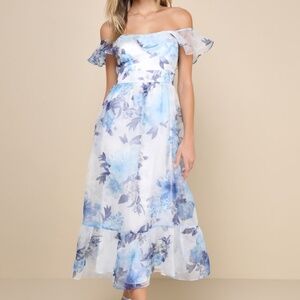 Lulus Sweet Composure White Floral Organza Off-the-shoulder Midi Dress Blue